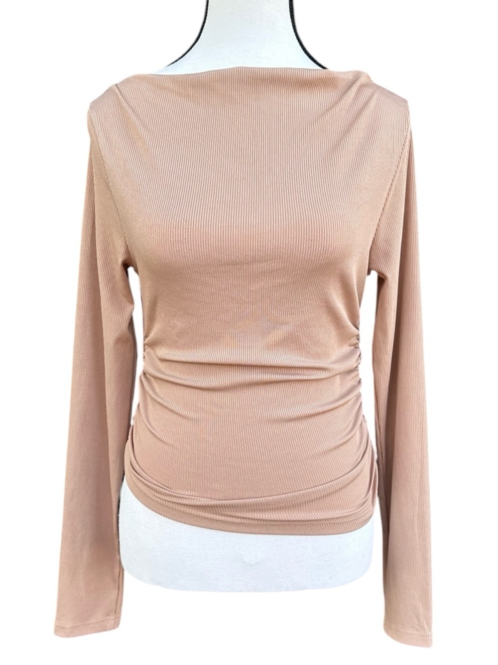 Cider Camel Neutral Boat Neck Ribbed Long Sleeve Ruched Top Size Medium